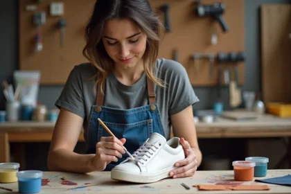 Femme peignant une sneaker en cuir blanc avec de la peinture acrylique dans un atelier artisanal