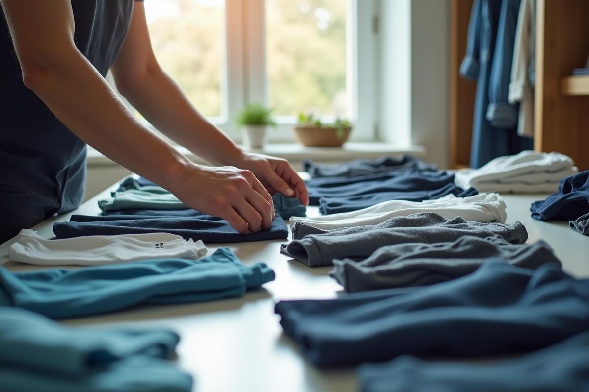 Personne triant des vêtements sur une grande table lumineuse