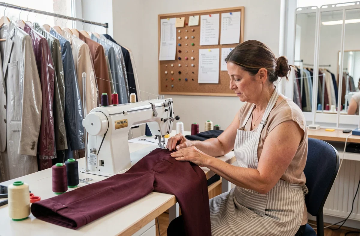 Couturière réalisant des retouches et confections sur mesure sur une machine à coudre professionnelle à Strasbourg