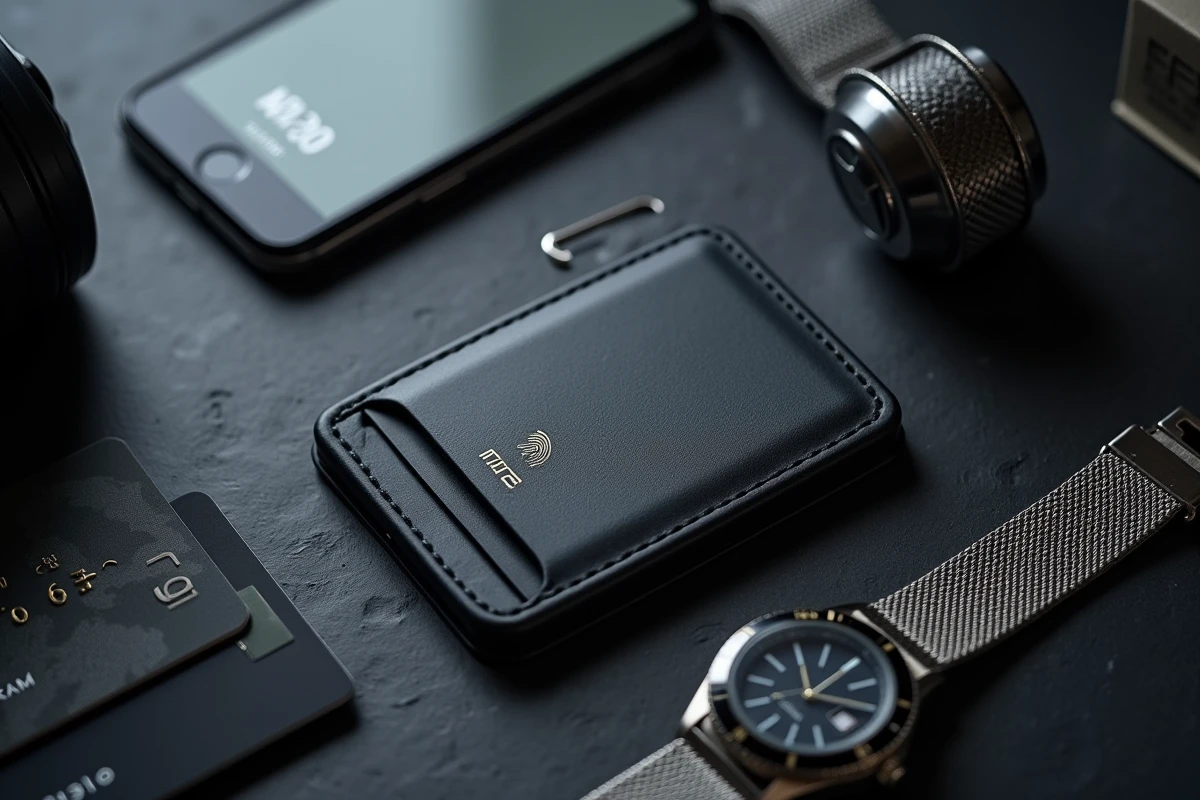 Flat-lay éditorial d'un porte-cartes homme intelligent en cuir noir mat avec cartes bancaires et smartphone NFC