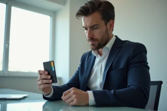 Homme en blazer marine tenant un porte-cartes intelligent avec protection RFID dans un bureau moderne