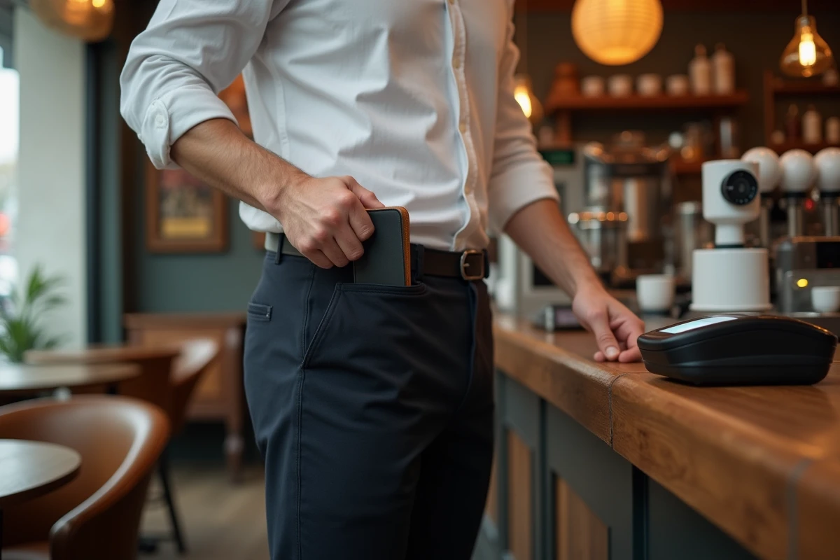 Homme sortant un porte-cartes intelligent de sa poche dans un café au moment d'un paiement sans contact