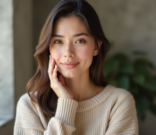 Portrait d'une femme en beige naturel et maquillage léger