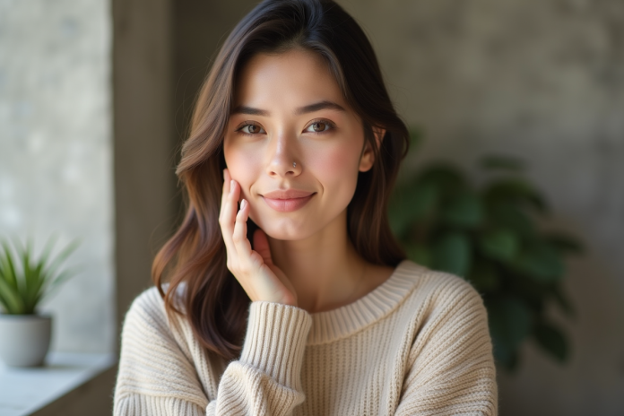 portrait-femme-beige-sweater Portrait d'une femme en beige naturel et maquillage léger