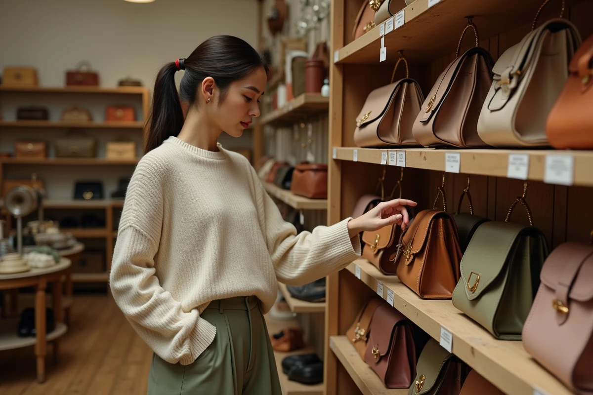 Femme explorant des sacs à main vintage colorés dans une boutique de seconde main tendance 2026
