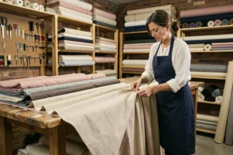 Couturière en atelier épinglant l'ourlet d'un rideau épais sur une table de travail en bois, retoucherie spécialisée tissus lourds
