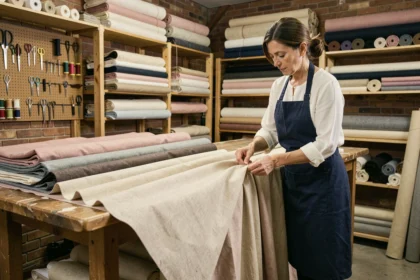 Couturière en atelier épinglant l'ourlet d'un rideau épais sur une table de travail en bois, retoucherie spécialisée tissus lourds