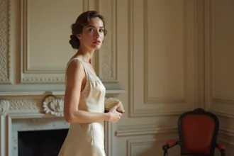 Femme en robe années 30 coupe biais en soie ivoire dans un intérieur art déco parisien, style rétro authentique