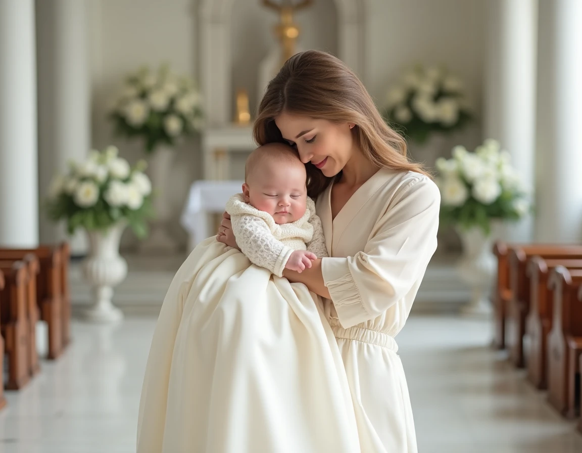 Bébé en robe de baptême blanche brodée tenu dans les bras dans une chapelle avec colonnes en marbre