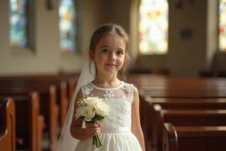 Petite fille en robe blanche habillée pour une communion dans une église en pierre avec vitraux