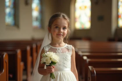 Petite fille en robe blanche habillée pour une communion dans une église en pierre avec vitraux