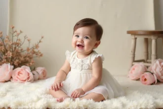 Bébé fille en robe blanche en dentelle pour une séance photo de fête sur un plaid crème avec des pivoines roses