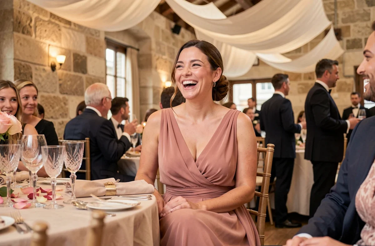 Invitée de mariage en robe longue rose poudré assise à une table de réception élégante parisienne