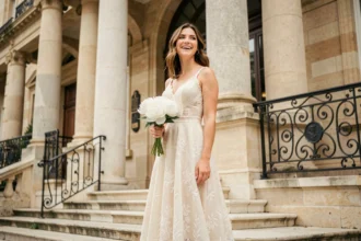 Femme en robe de mariée civile ivoire en dentelle devant une mairie française aux colonnes en pierre