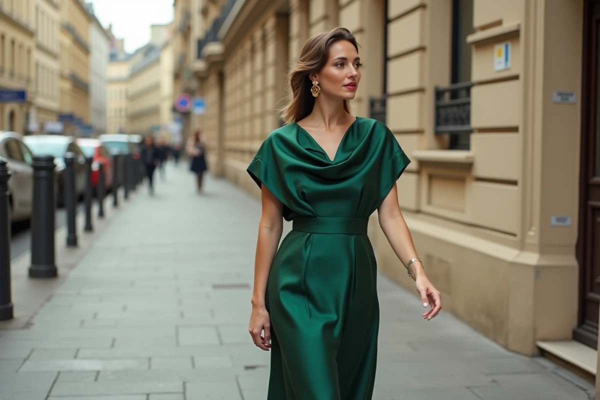 Femme en robe mi-longue moderne inspirée rétro années 30 en satin vert forêt, style contemporain sur trottoir haussmannien