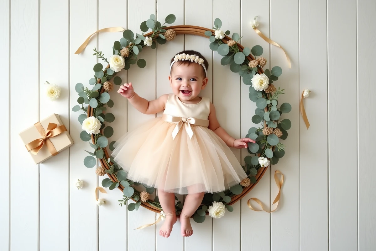 Bébé fille en robe de fête en tulle champagne assise dans un cerceau floral photographiée en vue aérienne pour un anniversaire