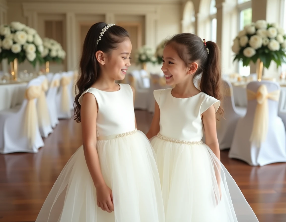 Deux fillettes en robes blanches habillées avec jupes en tulle dans une salle de réception décorée pour une communion