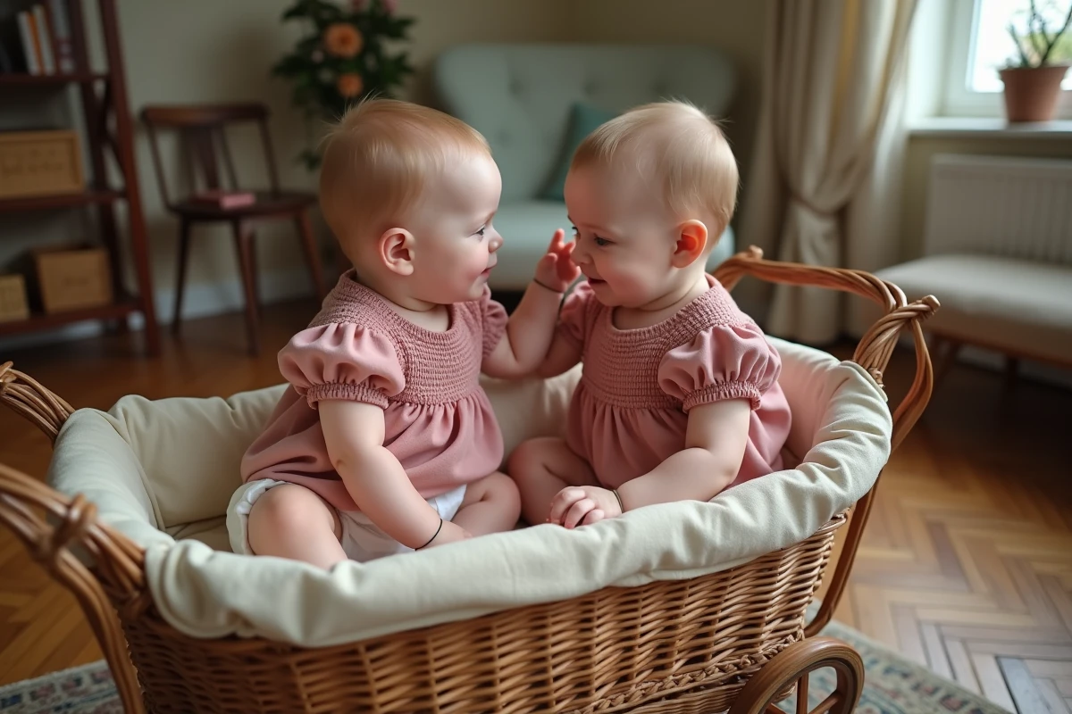 Jumelles en robes smockées rose poudré assises dans un landau vintage en osier pour une séance photo de fête à la maison