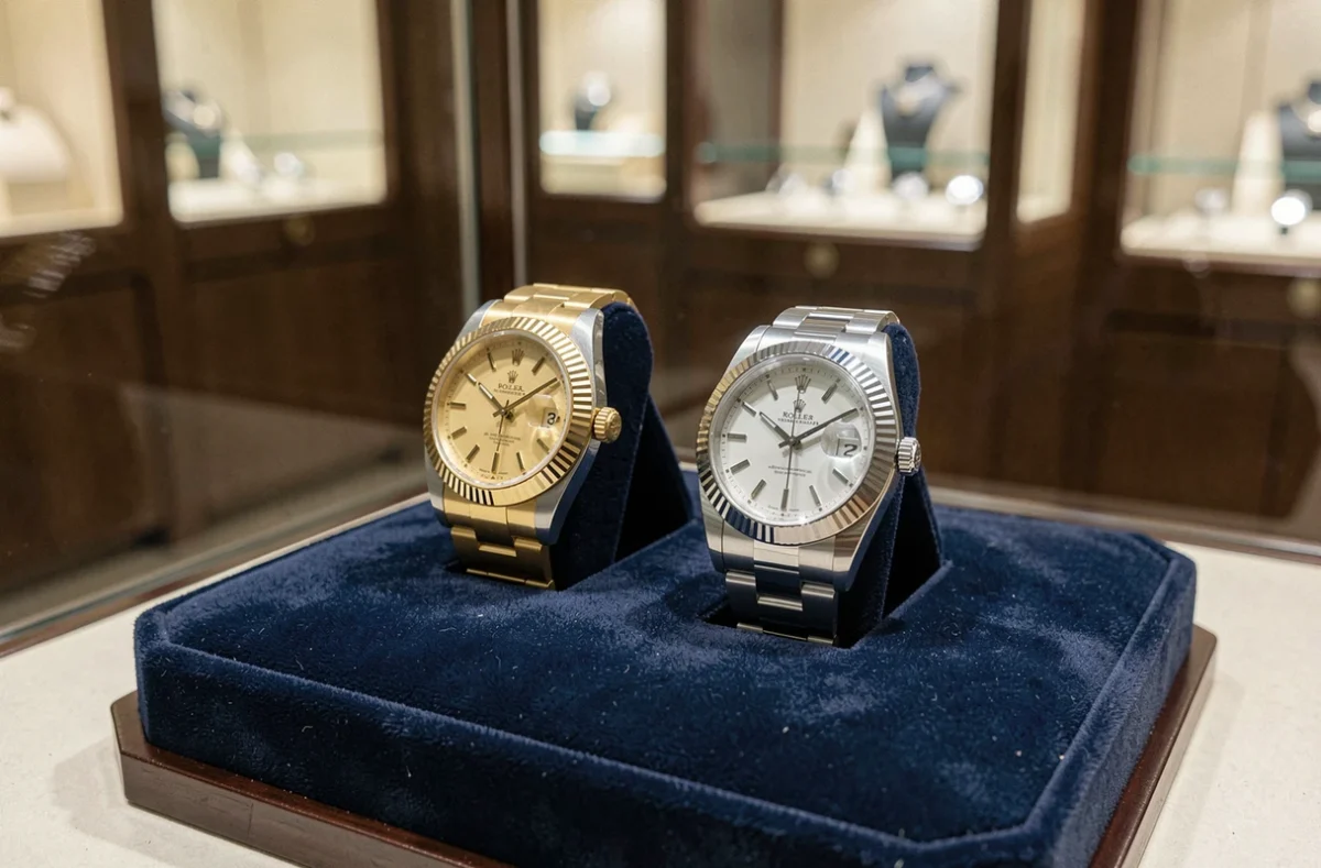Deux montres Rolex Datejust 36 côte à côte sur un plateau de velours en boutique horlogerie, modèles acier et bicolore or jaune