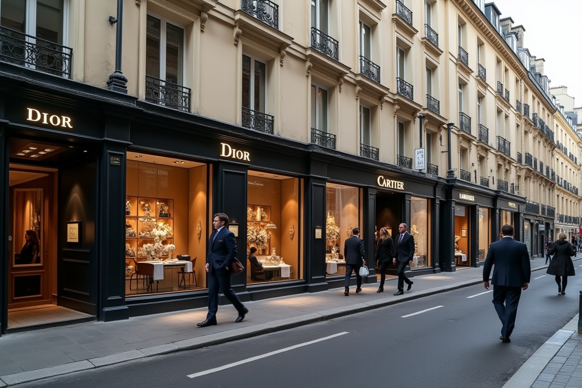 Scène de rue chic à Paris avec boutiques et passants élégants
