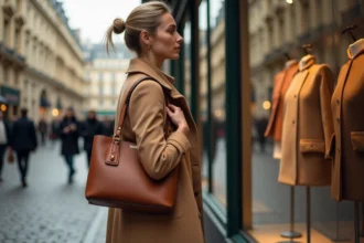 Femme élégante tenant un sac à main en édition limitée d'une marque française devant une boutique parisienne en automne