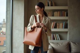 Femme tenant un sac cabas en cuir terracotta tendance 2026 dans un appartement parisien minimaliste