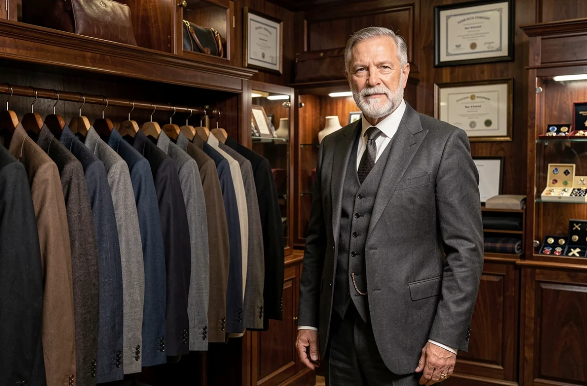 Tailleur expérimenté debout devant une rangée de costumes sur mesure dans la boutique Samson