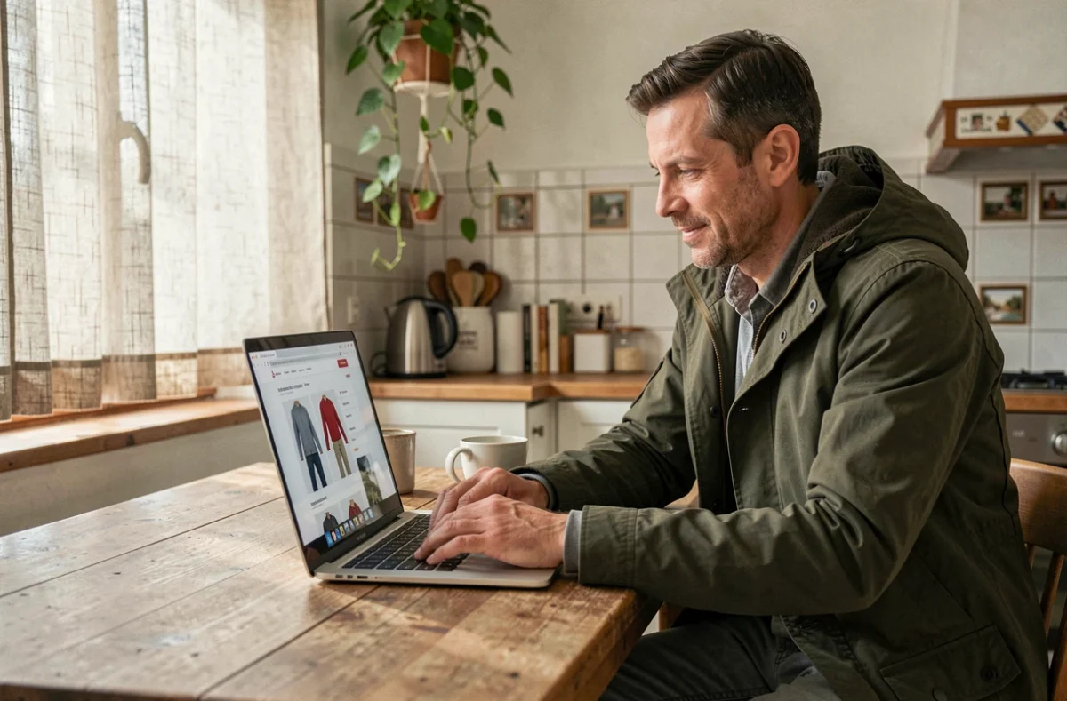Homme faisant ses achats de vêtements en ligne depuis chez lui, comparant les offres C&A sur internet en 2026