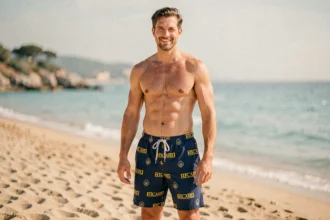 Homme portant un short de bain Ricard bleu marine sur une plage méditerranéenne ensoleillée