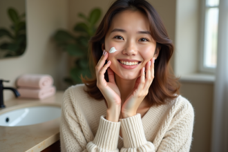 Femme souriante appliquant une creme visage dans une salle de bain