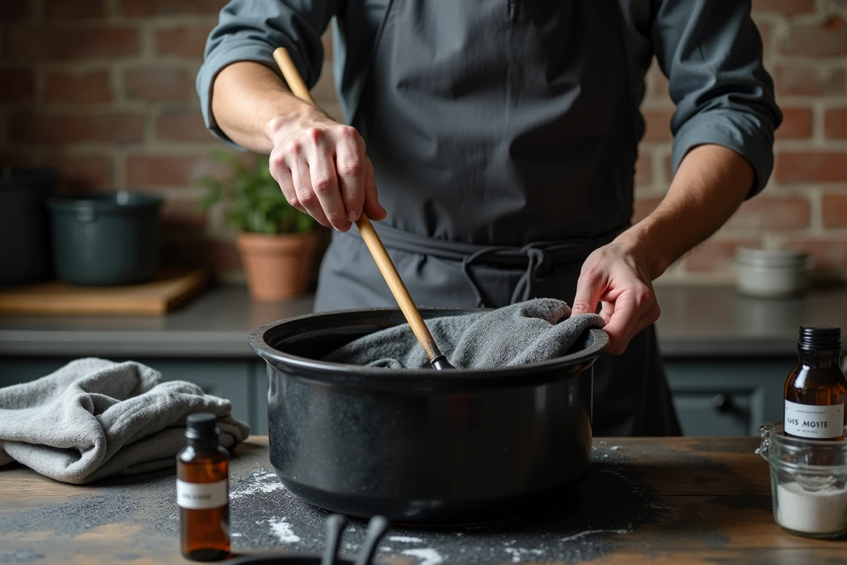 Homme plongeant un chemise à motifs clairs dans une teinture noire sur une cuisinière en cuisine rustique