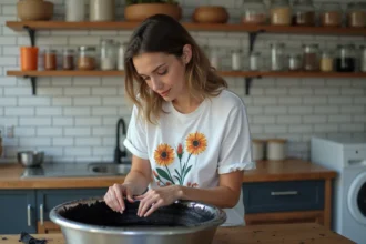 Femme préparant la teinture noire d'un t-shirt blanc à motifs floraux dans un espace buanderie organisé
