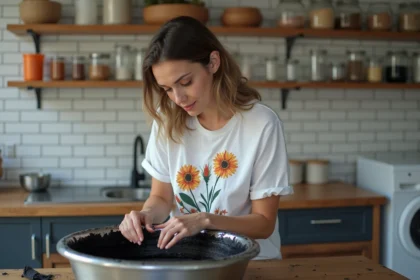Femme préparant la teinture noire d'un t-shirt blanc à motifs floraux dans un espace buanderie organisé