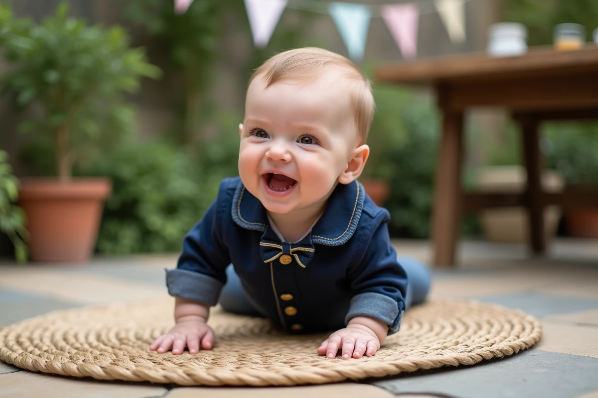 Bébé garçon souriant en tenue de fête bleu marine avec nœud papillon lors d'une séance photo en extérieur dans un jardin