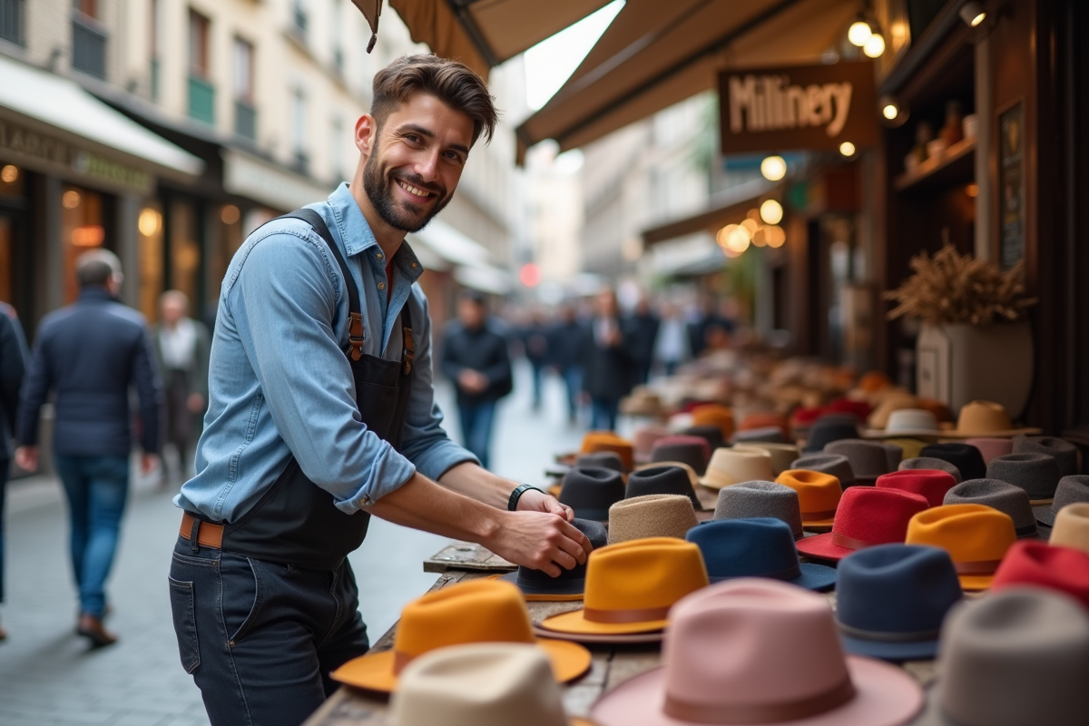Jeune vendeur arrangeant des chapeaux colorés sur un stand de marché