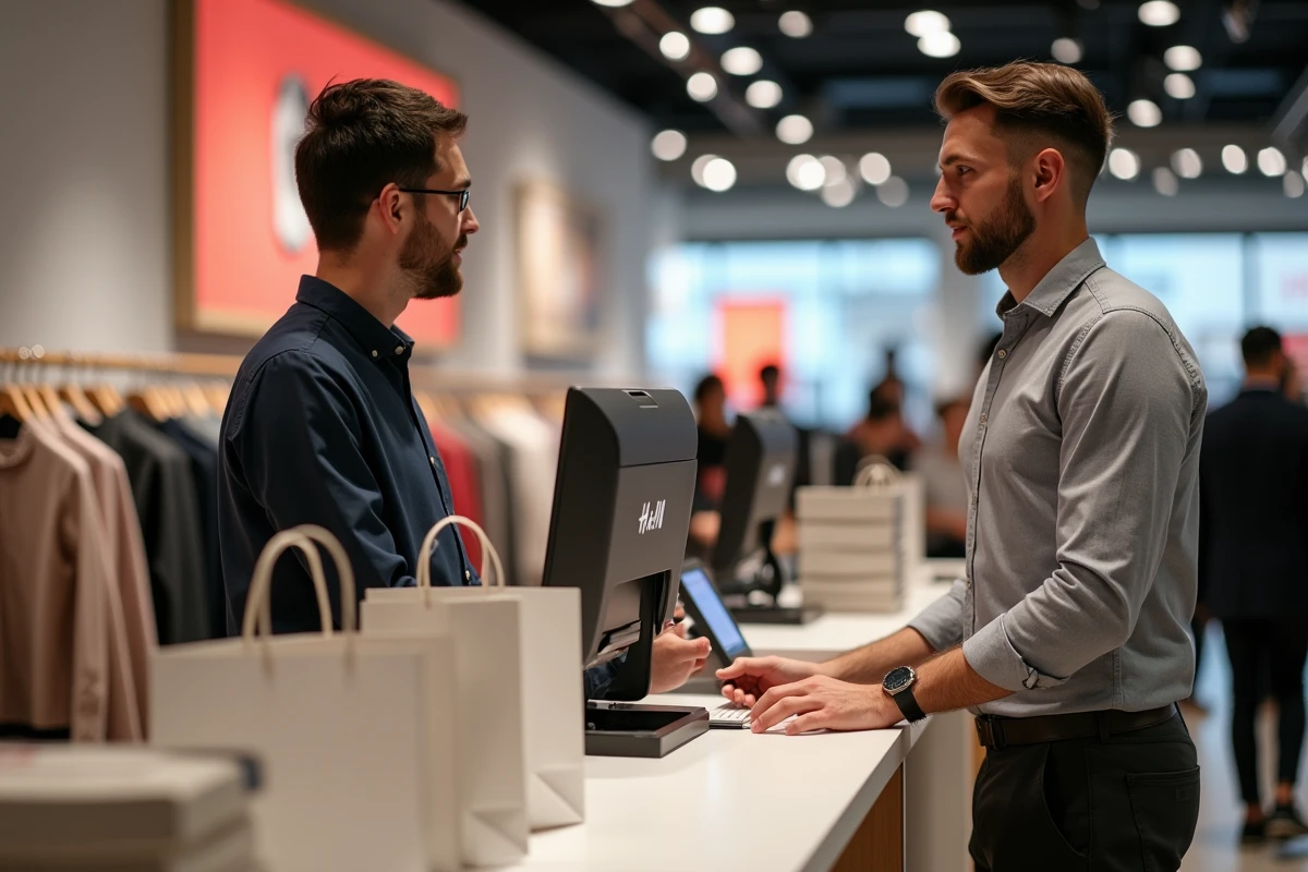 Vendeur H&M au comptoir caisse accompagnant un client lors des soldes saisonnières 2026