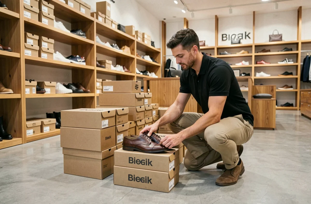 Vendeur arrangeant des chaussures Sursell sur les présentoirs d'un magasin physique
