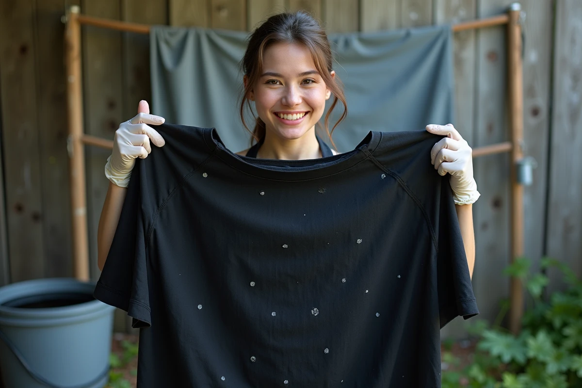 Femme examinant un vêtement fraîchement teint en noir pour vérifier la couverture totale des motifs géométriques clairs