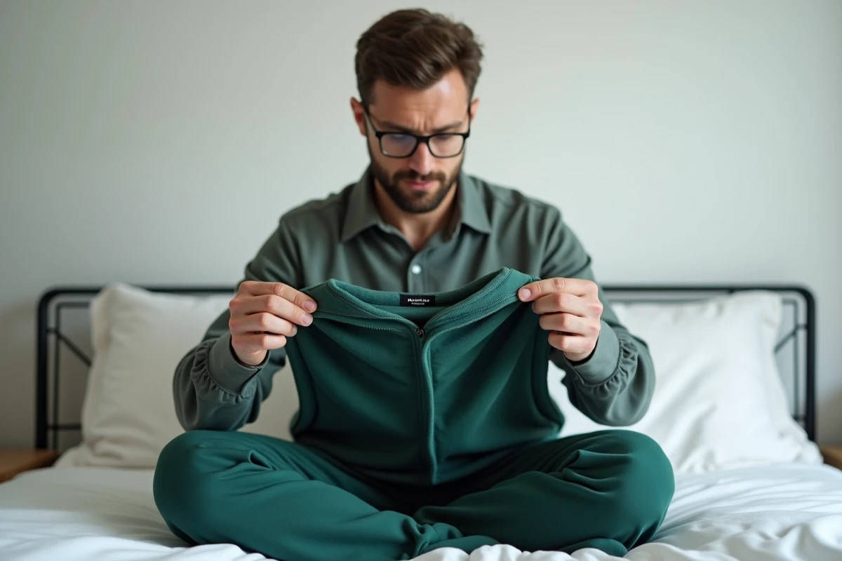 Homme lisant l'étiquette d'une grenouillère pour homme verte avant l'achat dans une chambre minimaliste