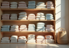 Vêtements pliés organisés par couleur dans une chambre lumineuse