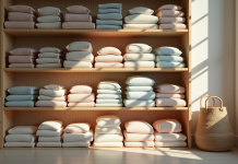 Vêtements pliés organisés par couleur dans une chambre lumineuse