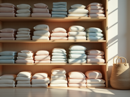 Vêtements pliés organisés par couleur dans une chambre lumineuse