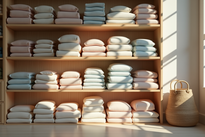 Vêtements pliés organisés par couleur dans une chambre lumineuse