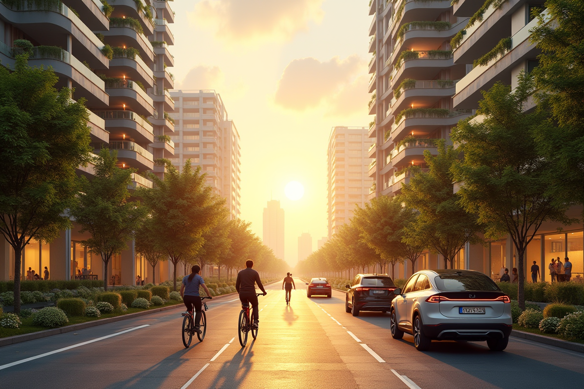 Ville urbaine au lever du soleil avec voitures électriques et greenery